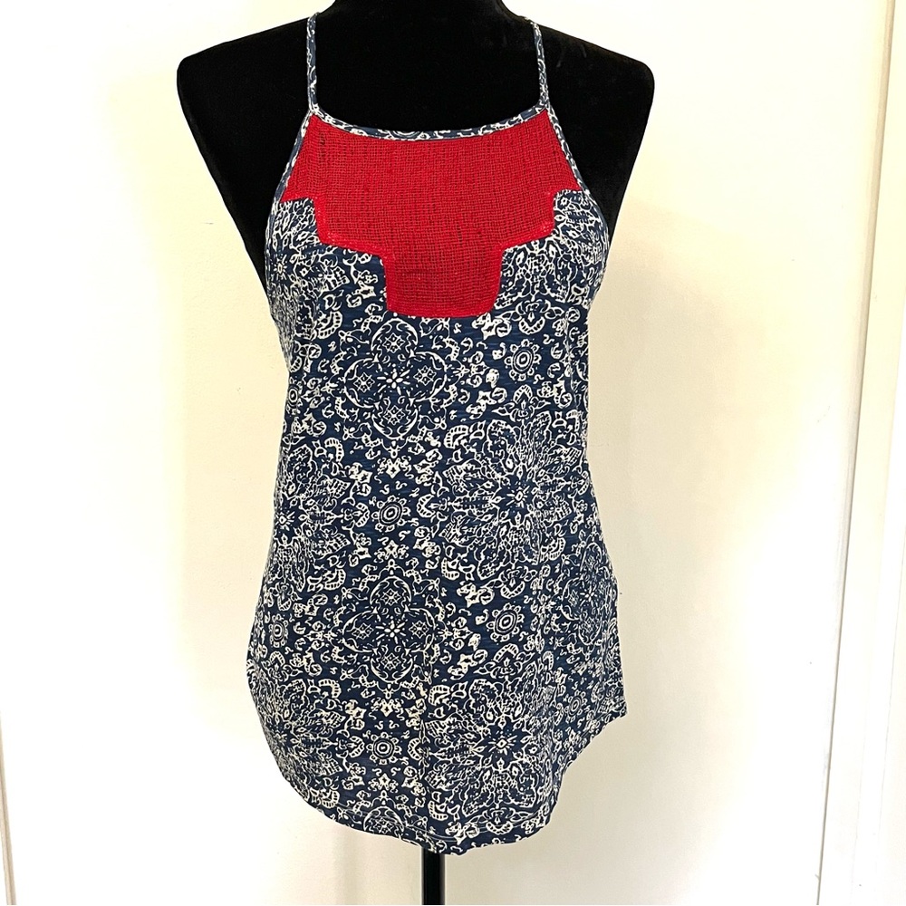 Lucky Brand Blue Paisley Red Crochet Boho Tank Top XS